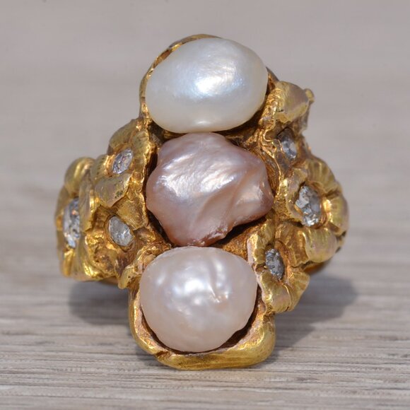 Natural Pearl and Diamond Ring in Yellow Gold